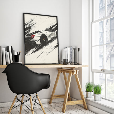 White Ferrari LaFerrari poster with expressive black brushstrokes