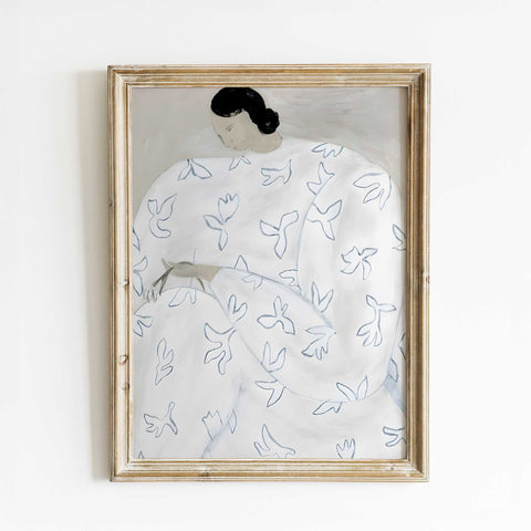 White and blue botanical artwork