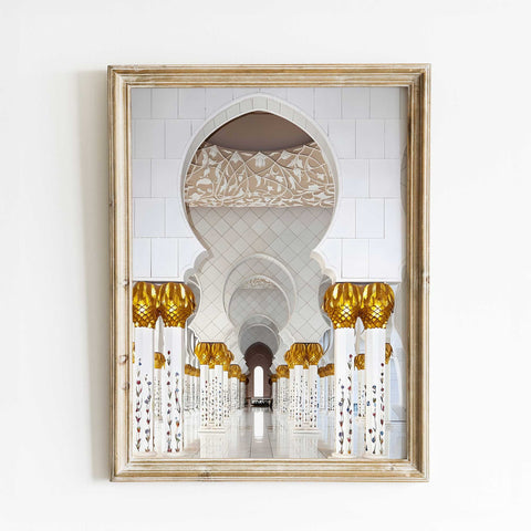 White and gold color palette in a sophisticated architectural line art print.