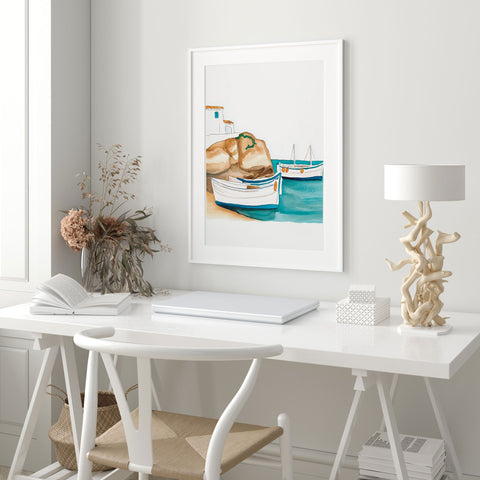 White boats on sea watercolor wall print

