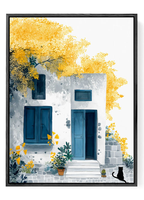 White home with yellow tree art
