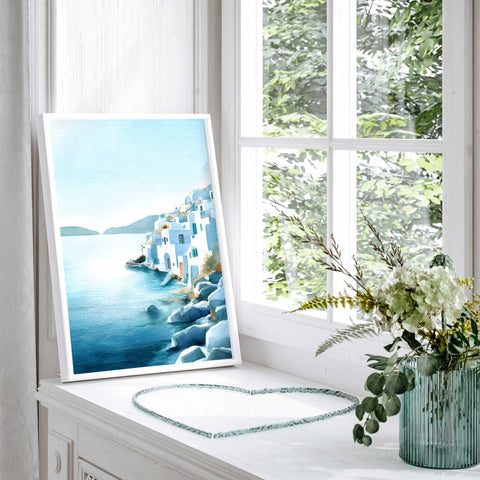White houses and turquoise sea Greek art poster