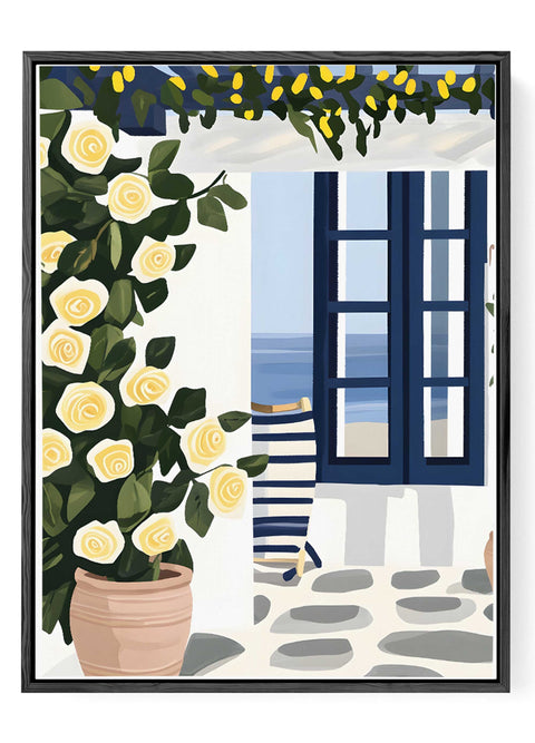 White roses and striped chair in Mediterranean garden scene

