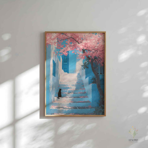Whitewashed Greek alley illustration with pink blossoms and cat