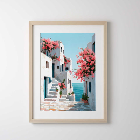 Whitewashed Greek houses seaside artwork