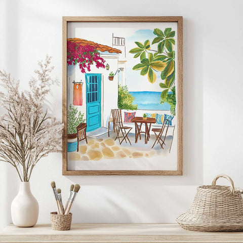 Whitewashed coastal home print with garden and sea backdrop


