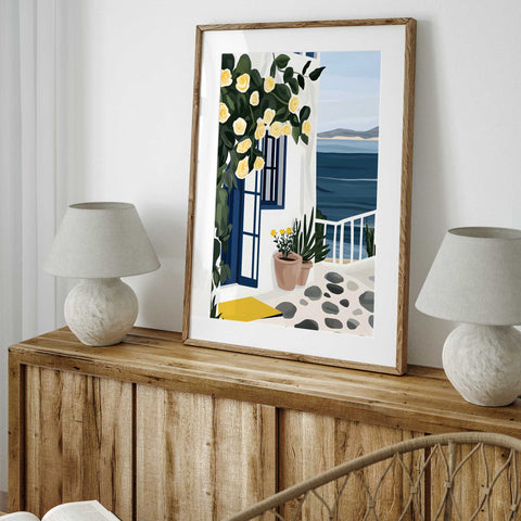 Whitewashed house watercolor with blooming roses and seascape

