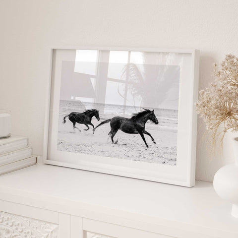 Wild horses ocean shore artwork