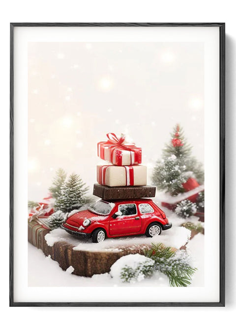 Christmas Eve Red Car Poster Gifts Canvas Wall Artwork