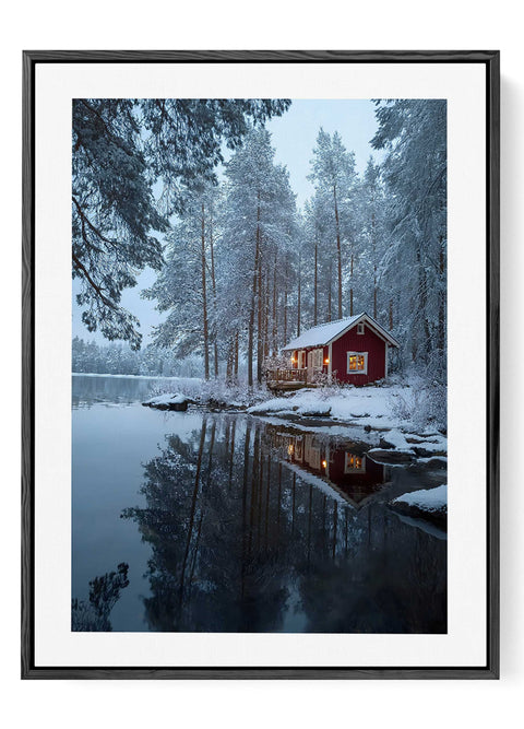 Winter landscape art print with snow laden pine forest and calm frozen lake