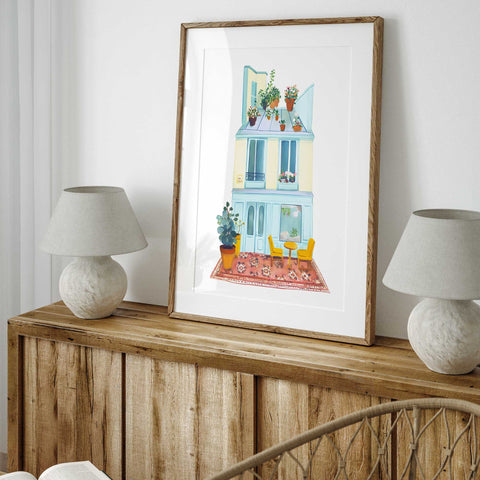Yellow chairs and planters watercolor painting for cozy home decor

