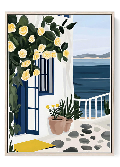 Yellow floral print with terracotta pots on a coastal patio

