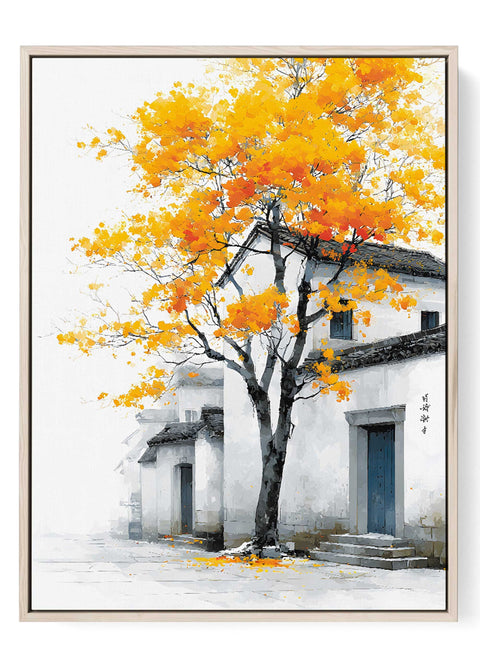 Yellow foliage tree in Asian architectural scene