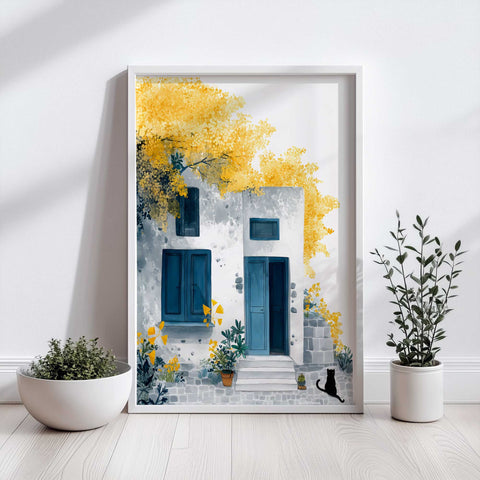 Yellow leaves and blue door print