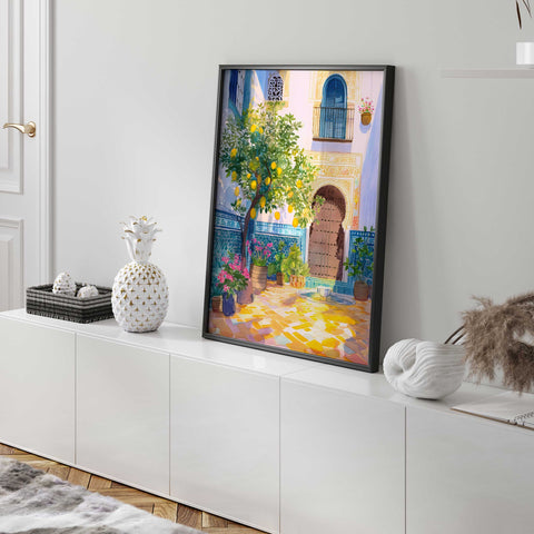 Yellow lemons on tree in sunny courtyard art