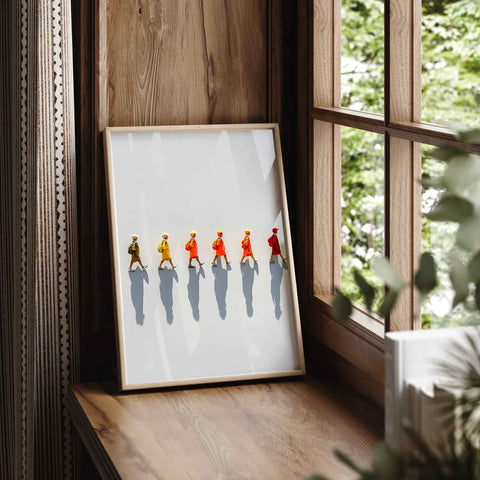 Yellow orange red walking people art print