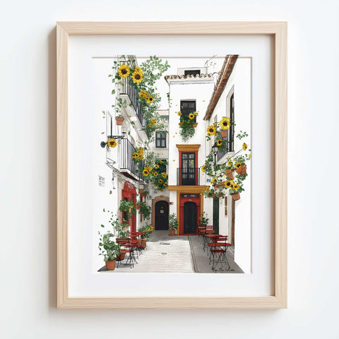 Yellow sunflowers watercolor on Spanish street

