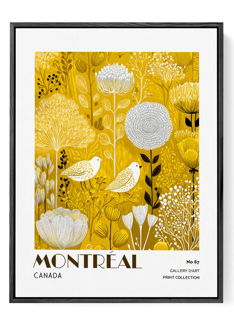 Yellow wall art with white birds and flowers poster