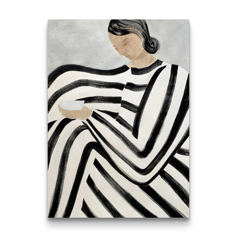 contemplative woman stripe dress