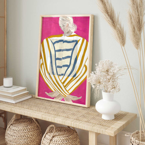 contemplative woman stripe dress art