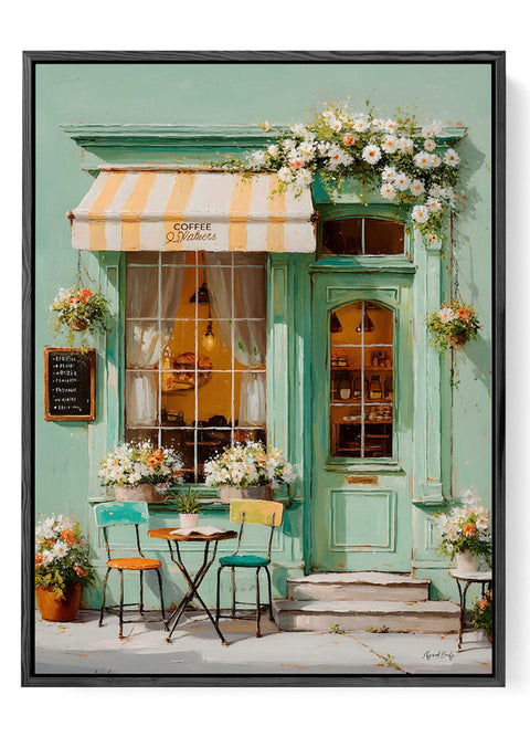 cozy coffee shop storefront wall art