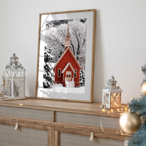 Red church winter wall art canvas print