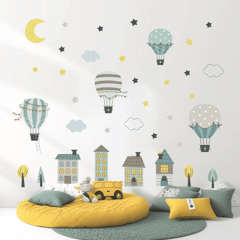 Hot Air Balloon and Village Wall Stickers for Kids
