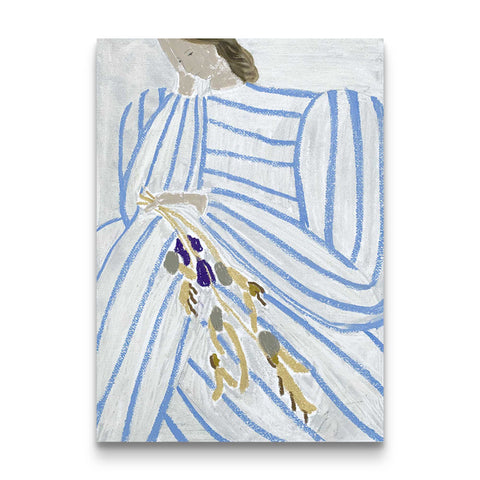 Blue Striped Abstract Woman with Bouquet Canvas Wall Art