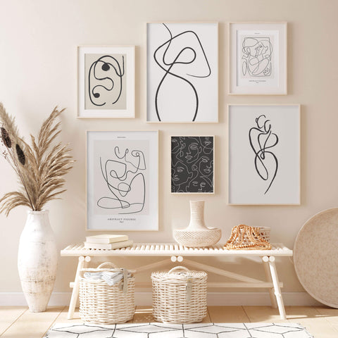 Face Line Art Canva Black & Beige Poster Canvas Wall Prints Oak poster